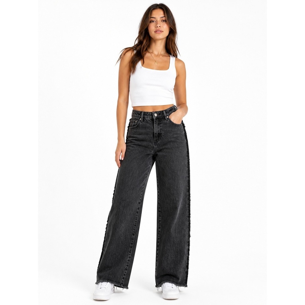 Pacsun Barrel Relaxed Black Jeans Size 26 Wide Leg Girly Fringe
